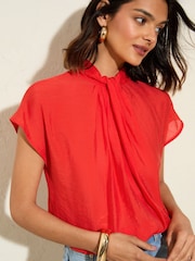Friends Like These Red Twist Neck Short Sleeve Satin Blouse - Image 2 of 5