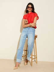Friends Like These Red Twist Neck Short Sleeve Satin Blouse - Image 3 of 5