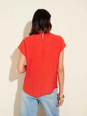 Friends Like These Red Twist Neck Short Sleeve Satin Blouse - Image 5 of 5