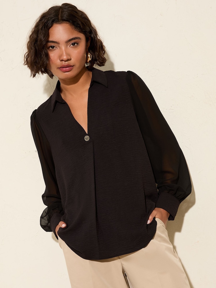 Friends Like These Black Long Sleeve V-Neck Button Front Blouse - Image 1 of 4