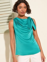 Friends Like These Teal Blue Drape Front Blouse With Shoulder Tie - Image 1 of 4