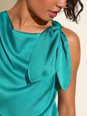 Friends Like These Teal Blue Drape Front Blouse With Shoulder Tie - Image 2 of 4