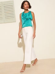 Friends Like These Teal Blue Drape Front Blouse With Shoulder Tie - Image 3 of 4