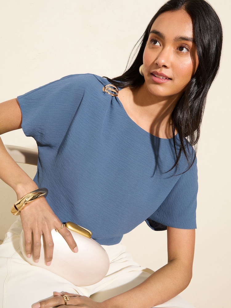 Friends Like These Blue Short Sleeve Blouse With Gold Detail - Image 1 of 5