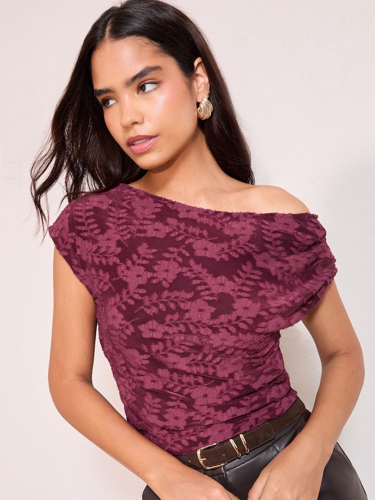 Friends Like These X Lucy Mecklenburgh Burgundy Burnout Draped Off The Shoulder Top - Image 1 of 4 Friends Like These X Lucy Mecklenburgh Burgundy Burnout Draped Off The Shoulder Top - Image 1 of 4