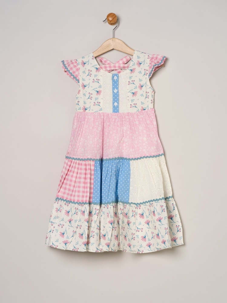 Miss Pink Printed Patch Work 100% Cotton Summer Dress - Image 2 of 4