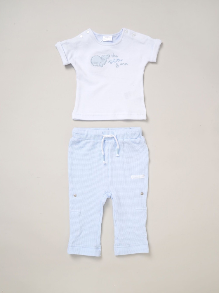 Rock-A-Bye Baby Boutique Blue 100% Cotton Printed T-Shirt and Adjustable Trousers Outfit Set - Image 1 of 4