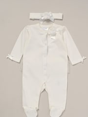 Rock-A-Bye Baby Boutique Rose Ribbon Detail All in One White Outfit Set - Image 2 of 3