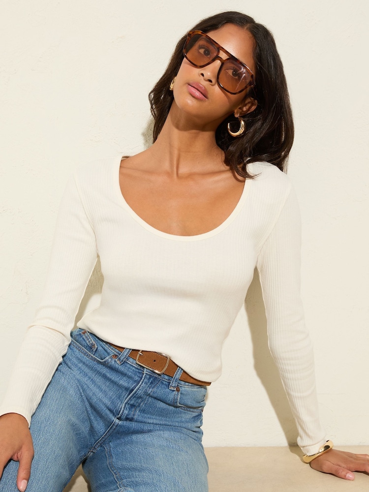 Friends Like These Cream Long Sleeve Rib Scoop Neck Top - Image 1 of 5