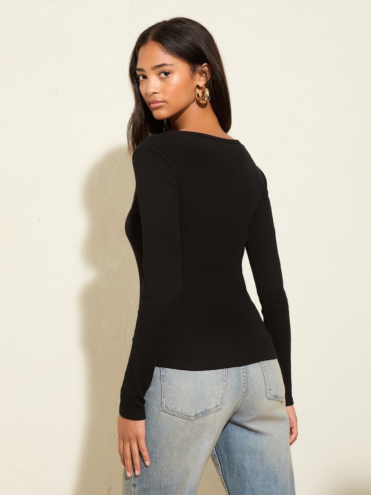 Friends Like These Black Long Sleeve Rib Scoop Neck Top - Image 4 of 4