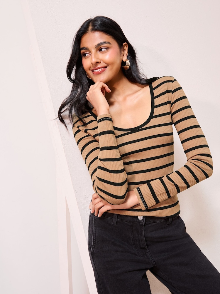 Friends Like These Stripe Long Sleeve Rib Scoop Neck Top - Image 8 of 8