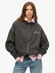 Superdry Grey Oversized Athletic Essentials Zip 100% Cotton Hoodie - Image 1 of 6