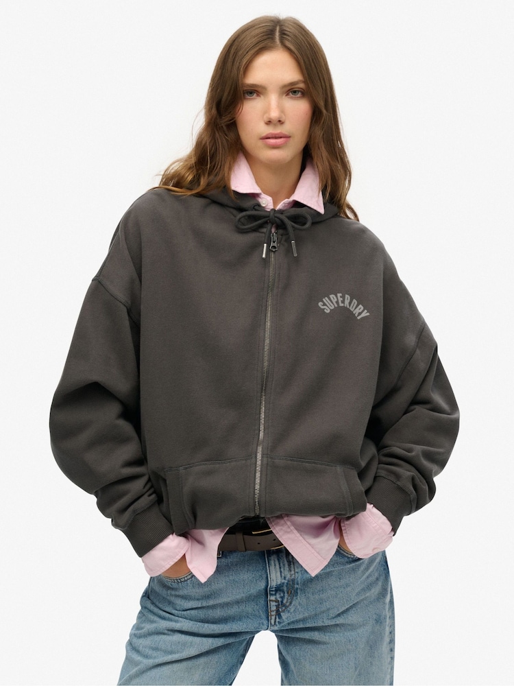 Superdry Grey Oversized Athletic Essentials Zip 100% Cotton Hoodie - Image 1 of 6