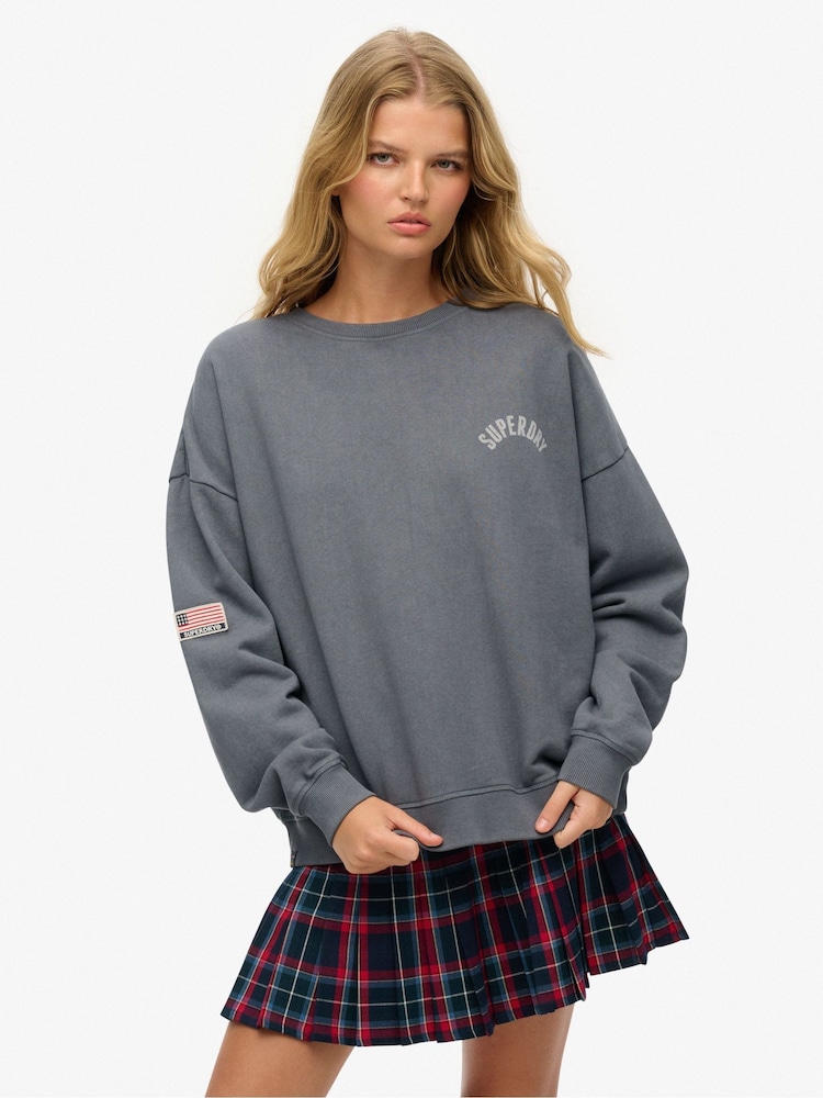 Superdry Grey Athletic Essentials Printed Crew 100% Cotton Sweatshirt - Image 1 of 6 Superdry Grey Athletic Essentials Printed Crew 100% Cotton Sweatshirt - Image 1 of 6