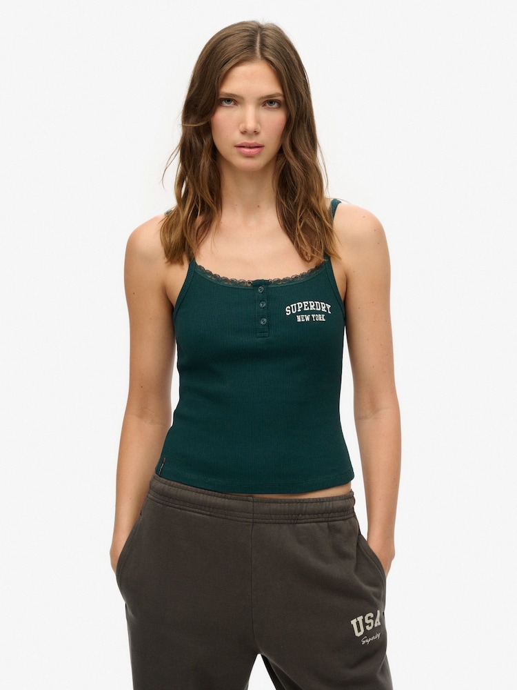 Superdry Green Athletic Essentials Embroidered Button 100% Cotton Cami Top - Image 1 of 6