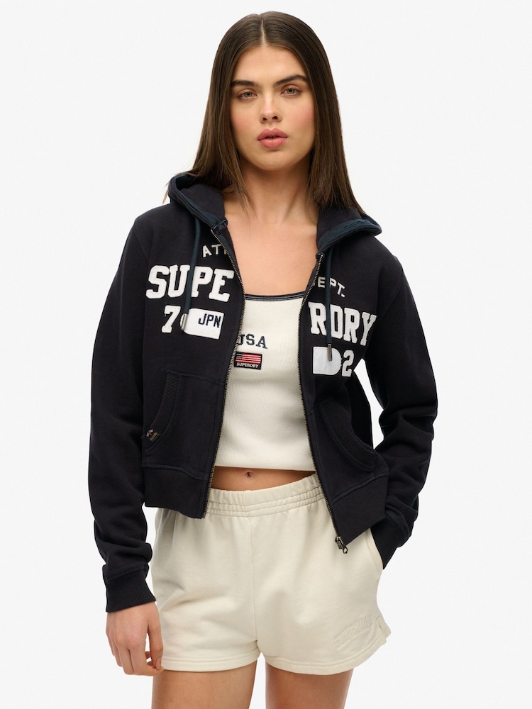 Superdry Black Athletic Essentials Relaxed Cropped Zip 100% Cotton Hoodie - Image 1 of 6
