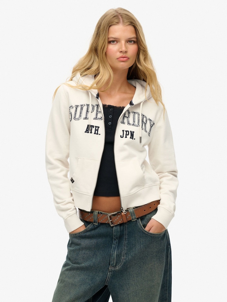 Superdry White Athletic Essentials Relaxed Cropped Zip 100% Cotton Hoodie - Image 1 of 6