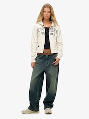 Superdry White Athletic Essentials Relaxed Cropped Zip 100% Cotton Hoodie - Image 2 of 6