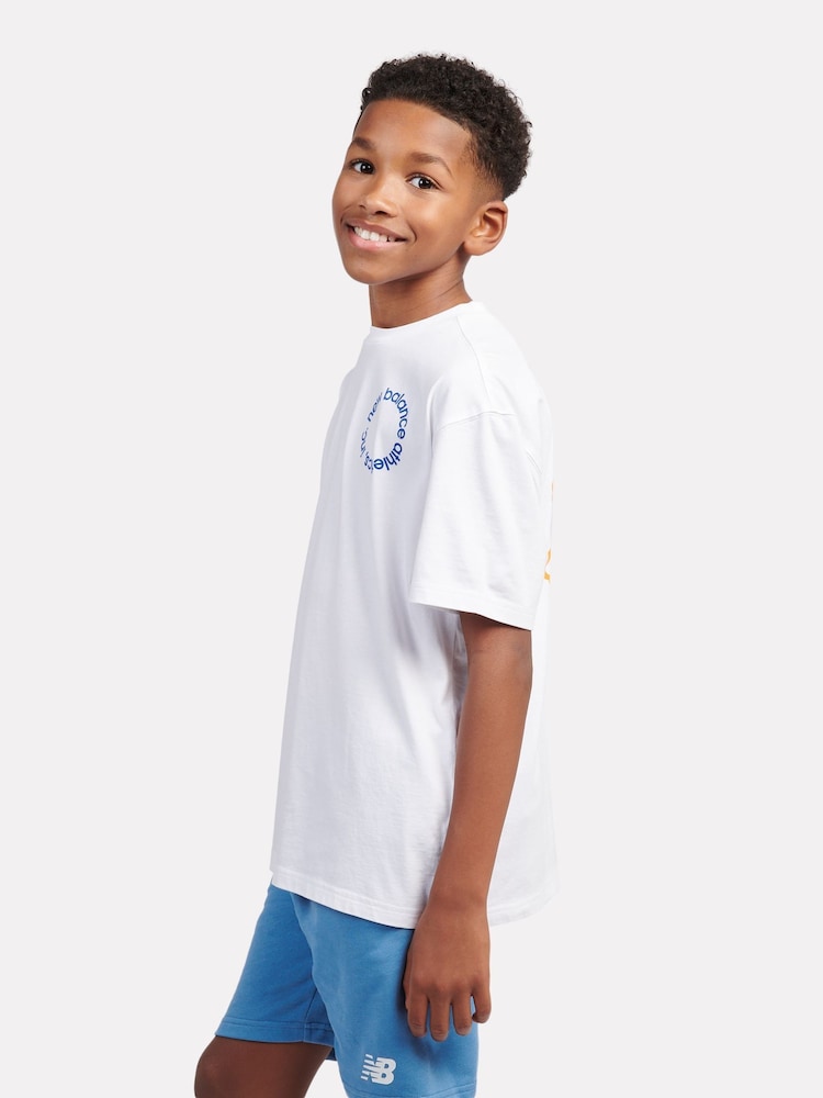 New Balance White Kids Circular Logo Graphic 100% Cotton T-Shirt - Image 2 of 10 New Balance White Kids Circular Logo Graphic 100% Cotton T-Shirt - Image 2 of 10