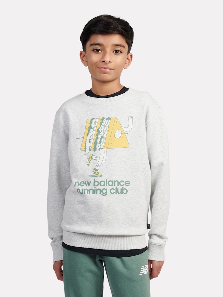 New Balance Grey Kids Running Club Cartoon Graphic Crew 100% Cotton Sweatshirt - Image 1 of 9