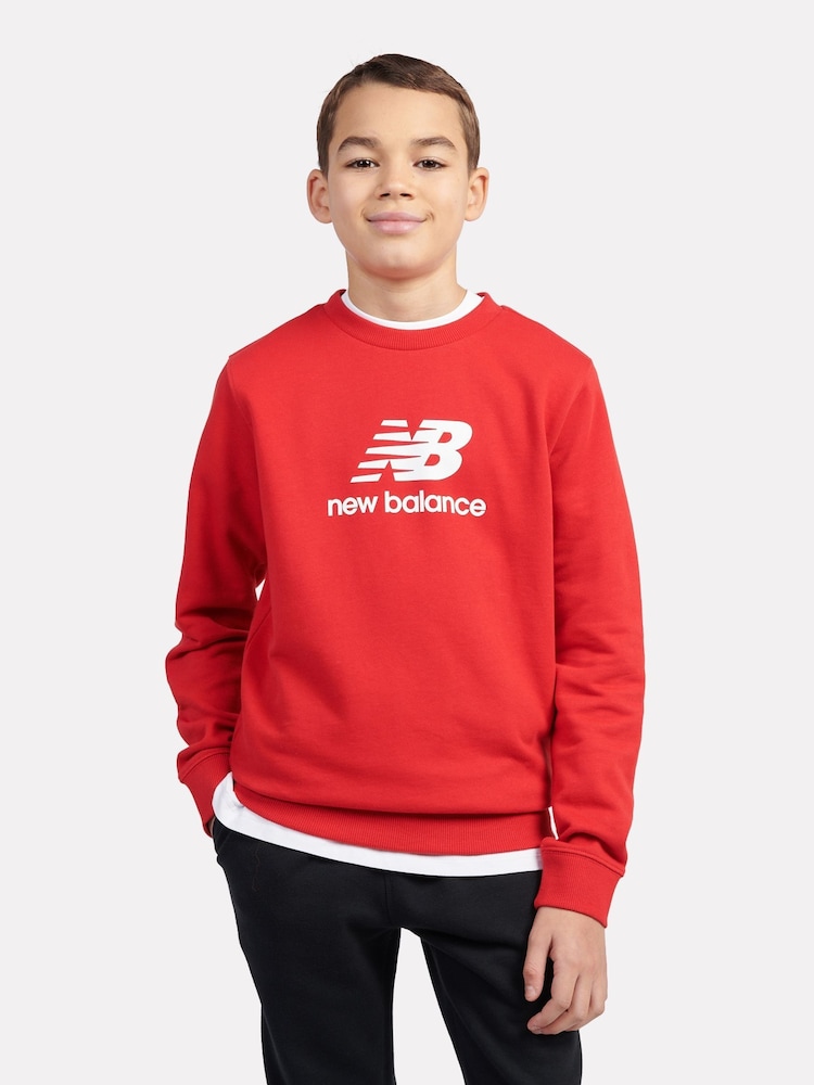 New Balance Red Kids French Terry Stacked Logo Crew 100% Cotton Sweatshirt - Image 1 of 8