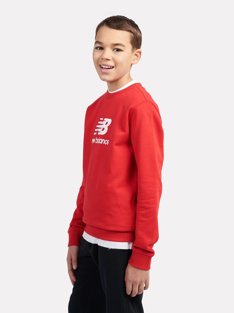 New Balance Red Kids French Terry Stacked Logo Crew 100% Cotton Sweatshirt - Image 2 of 8