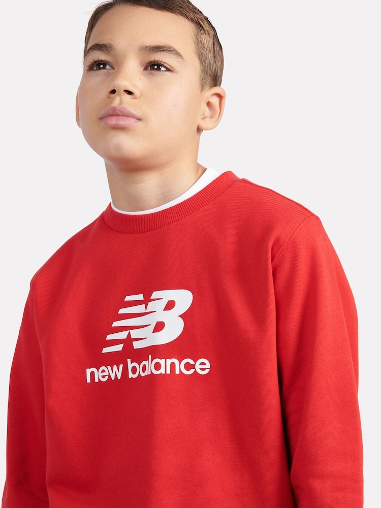 New Balance Red Kids French Terry Stacked Logo Crew 100% Cotton Sweatshirt - Image 4 of 8