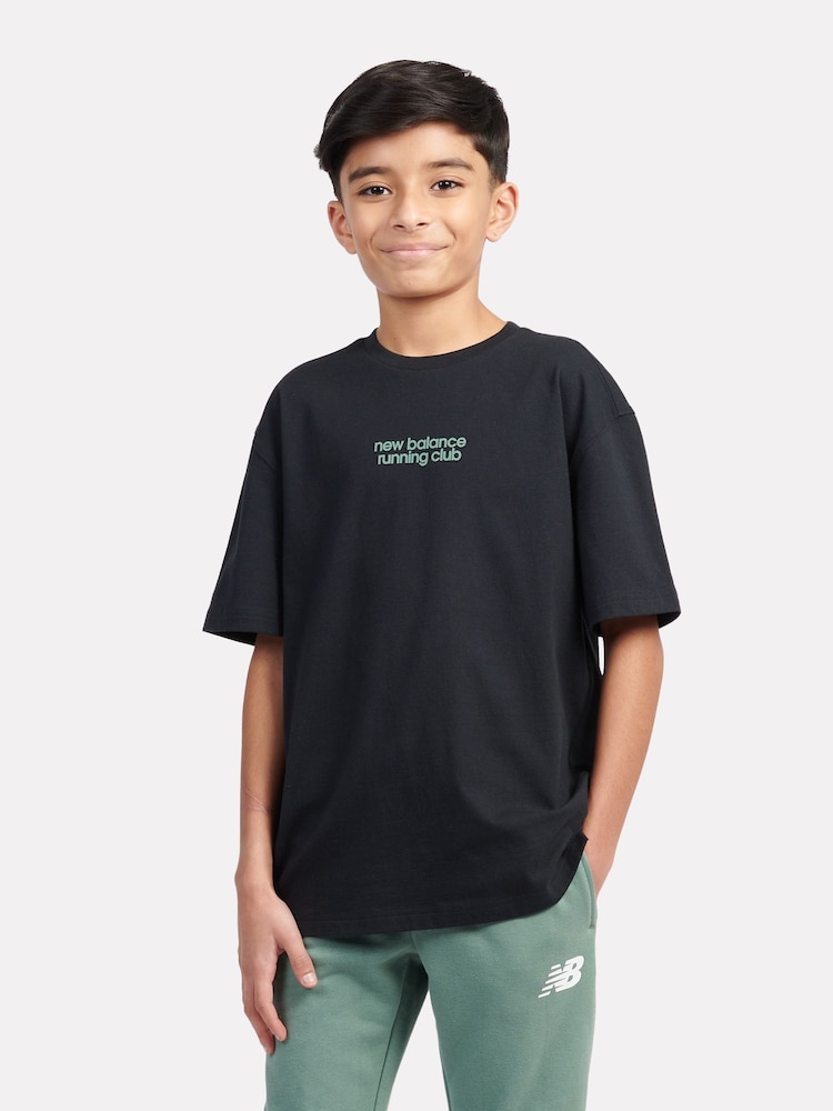 New Balance Black Kids Running Club Sandwich Back Graphic 100% Cotton T-Shirt - Image 1 of 6