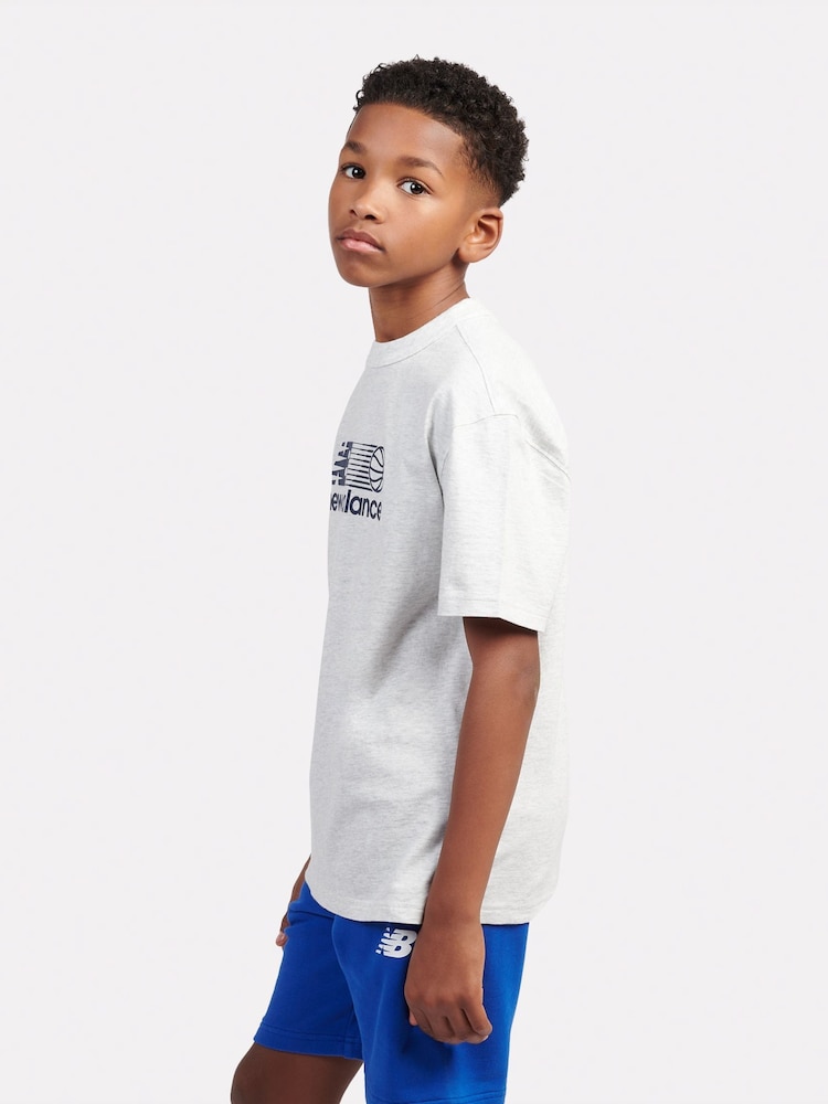 New Balance White Kids Hoops Branded Graphic 100% Cotton T-Shirt - Image 2 of 9 New Balance White Kids Hoops Branded Graphic 100% Cotton T-Shirt - Image 2 of 9