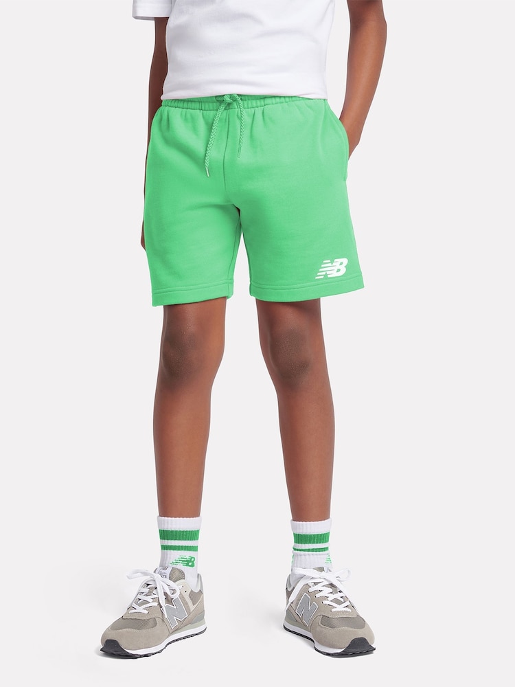 New Balance Green Kids French Terry Stacked Logo 100% Cotton Shorts - Image 1 of 8 New Balance Green Kids French Terry Stacked Logo 100% Cotton Shorts - Image 1 of 8