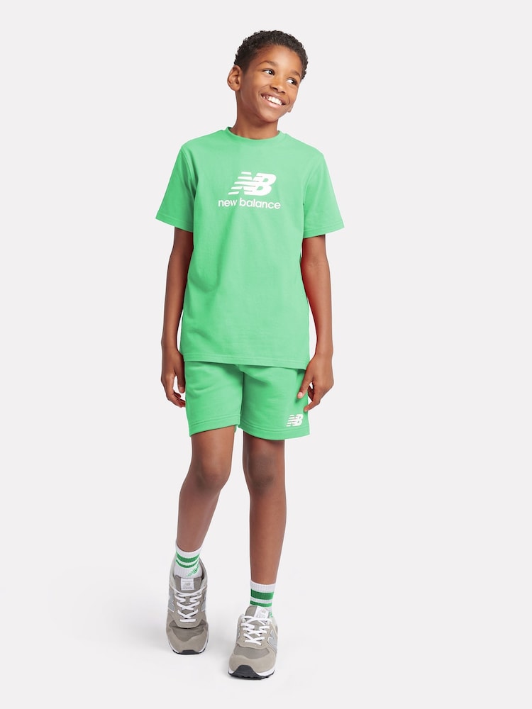 New Balance Green Kids French Terry Stacked Logo 100% Cotton Shorts - Image 4 of 8