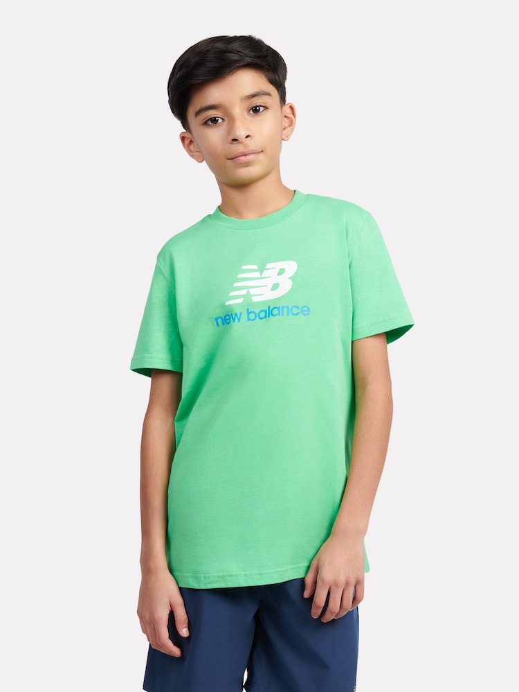 New Balance Green Dark Kids Jersey Stacked 100% Cotton Logo T-Shirt - Image 1 of 5