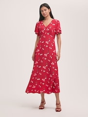 Finery Red Saskia Floral Print Crepe Midi Tea Dress - Image 1 of 4