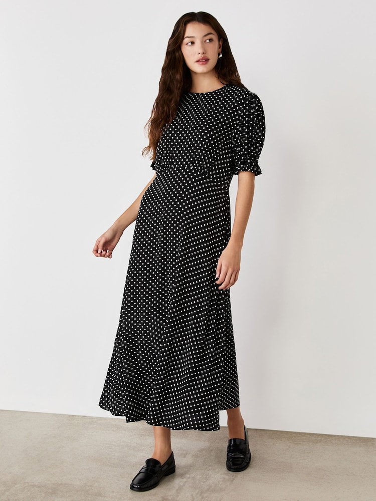 Finery Black Mela Polka Dot Crepe Midi Dress - Image 2 of 3