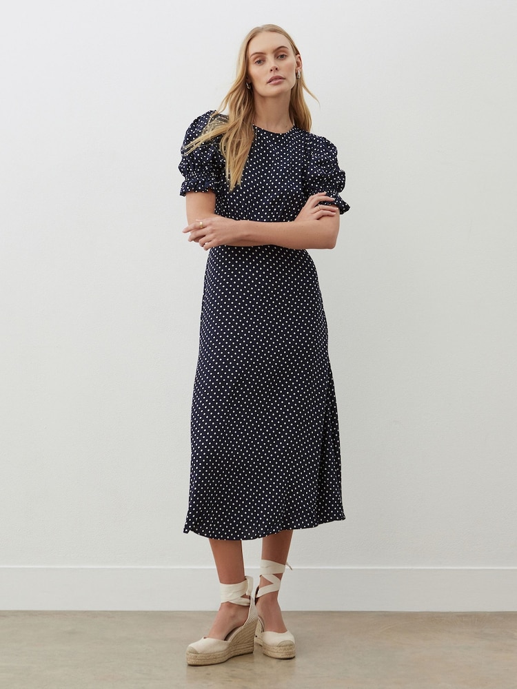 Finery Navy Mela Polka Dot Crepe Midi Dress - Image 1 of 4