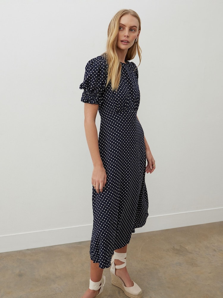 Finery Navy Mela Polka Dot Crepe Midi Dress - Image 2 of 4