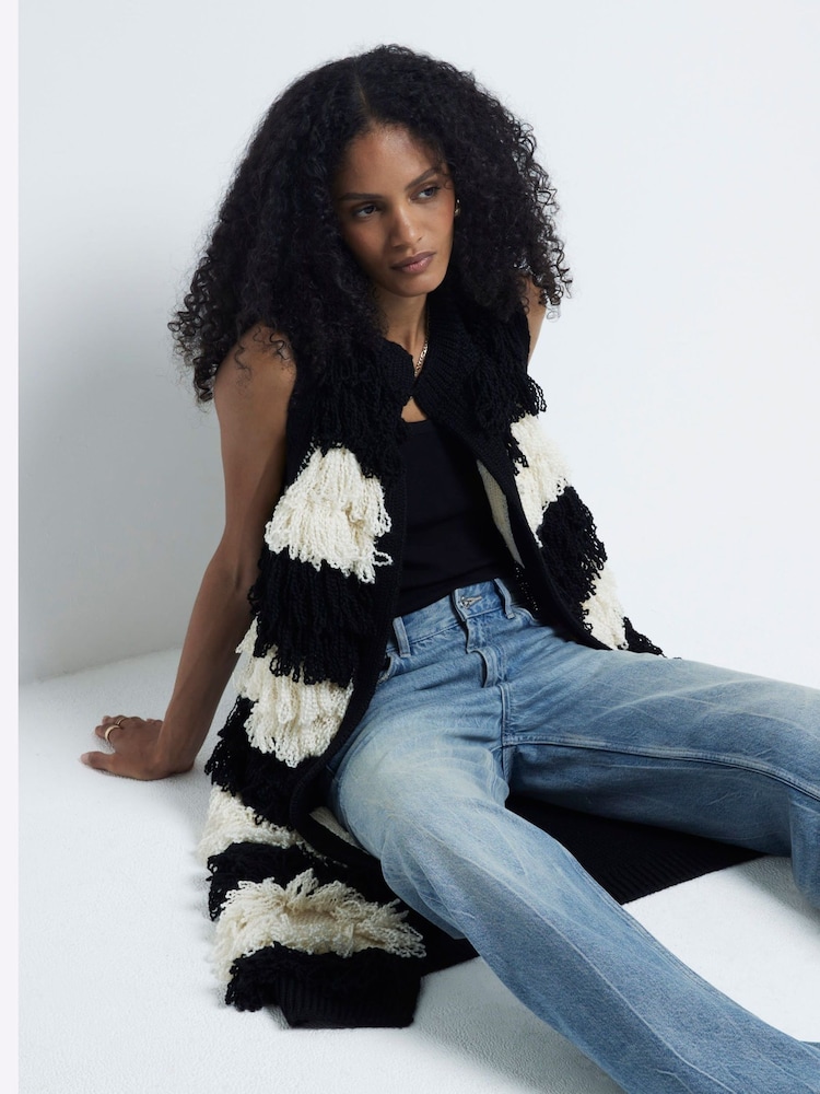 River Island Black Stripe Sleeveless Fringe Cardigan - Image 1 of 6