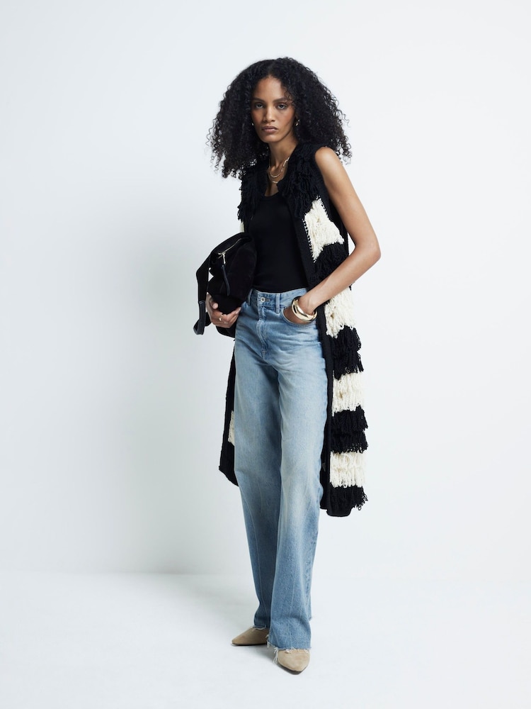 River Island Black Stripe Sleeveless Fringe Cardigan - Image 2 of 6