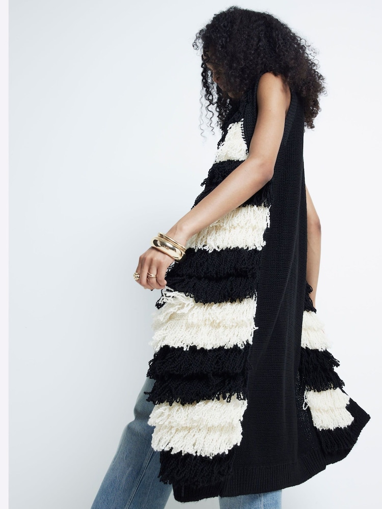 River Island Black Stripe Sleeveless Fringe Cardigan - Image 3 of 6