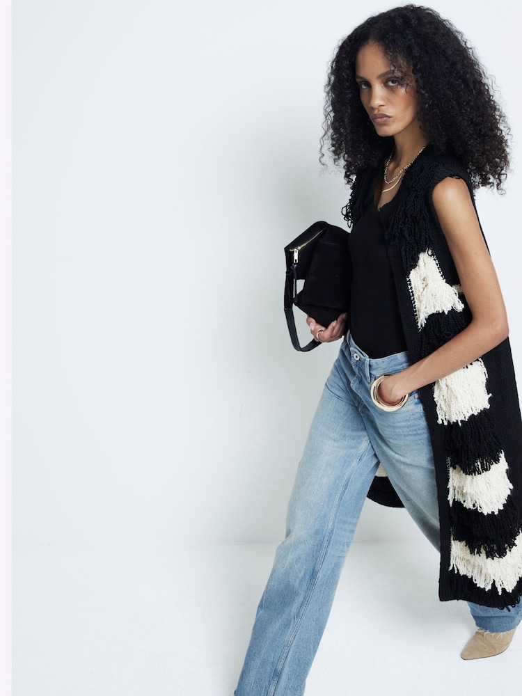 River Island Black Stripe Sleeveless Fringe Cardigan - Image 4 of 6