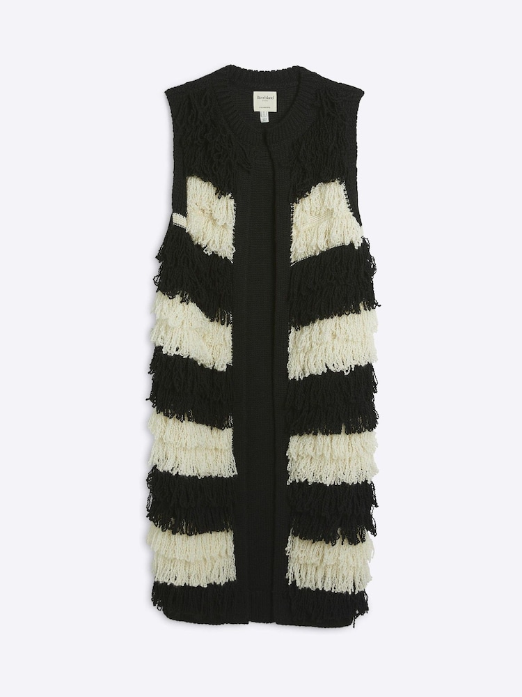River Island Black Stripe Sleeveless Fringe Cardigan - Image 5 of 6