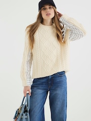River Island Cream Striped Sleeve Cable Knit Jumper - Image 1 of 6
