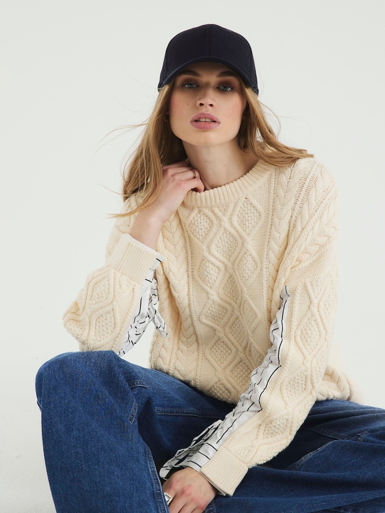 River Island Cream Striped Sleeve Cable Knit Jumper - Image 2 of 6