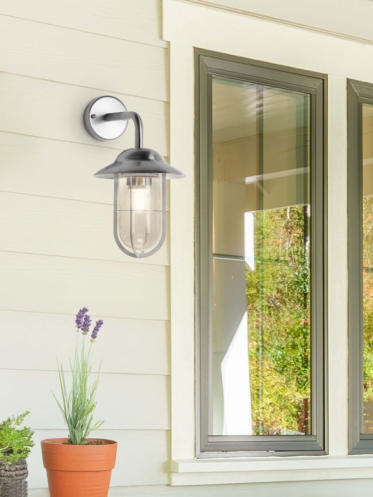 Searchlight Satin Silver and Clear Manhattan SS Outdoor Wall Light - Image 1 of 4
