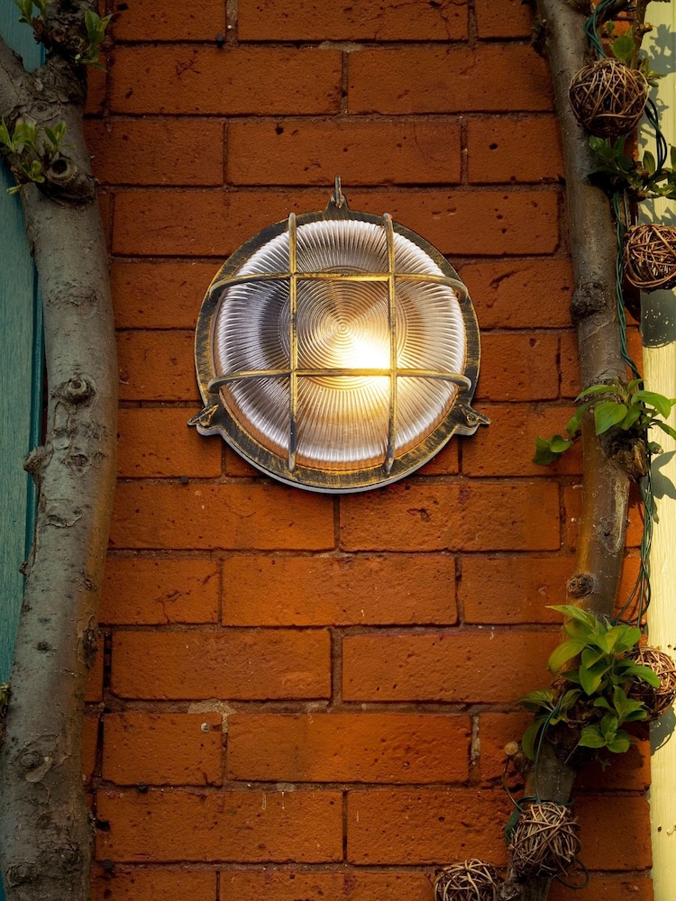 Searchlight Black Gold Clear Harbour BG Round Wall Outdoor Light - Image 1 of 4