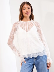 Lipsy White Lace Flared Cuff Blouse - Image 1 of 4