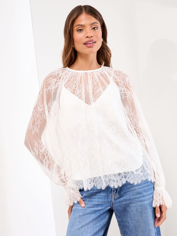 Lipsy White Lace Flared Cuff Blouse - Image 1 of 4