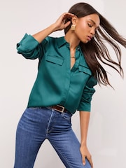 Lipsy Teal Blue Utility Pocket Satin Shirt - Image 3 of 4