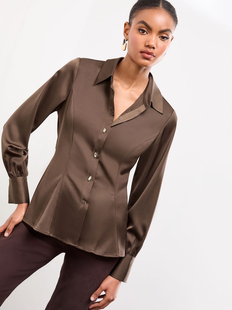 Lipsy Chocolate Satin Godet Detail Shirt - Image 1 of 4