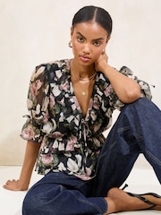 Lipsy Black Floral Printed Peplum 3/4 Sleeve Blouse - Image 3 of 4
